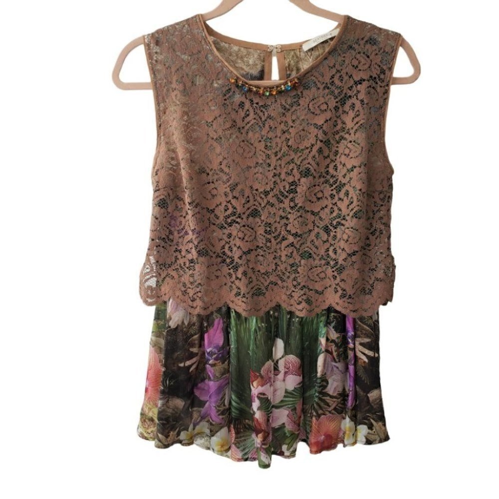 Beatrice B Italy Silk & Lace Layered Sleeveless Top Gorgeous Orchids Print